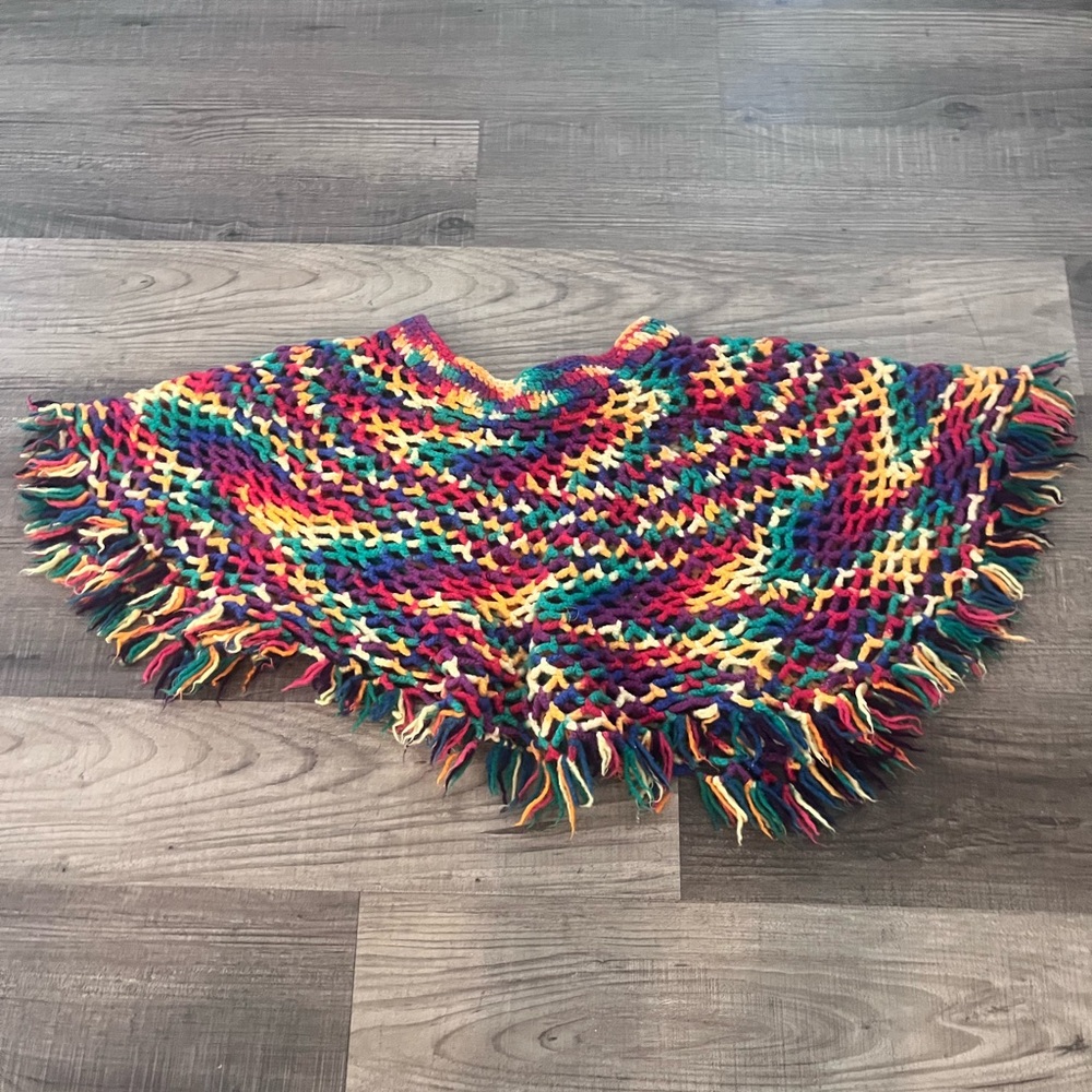 Vintage Colorful Knit Poncho with Fringe